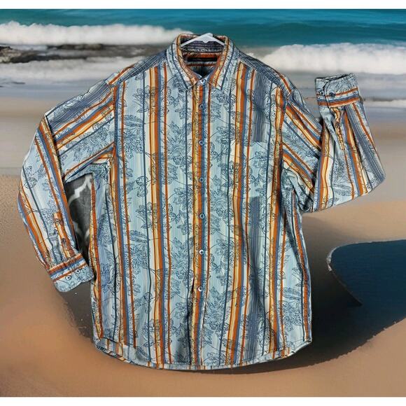 Indigo Palms Shirt Men Large Blue Stripe Floral Button Long Sleeve Resort Cruise - Picture 1 of 9